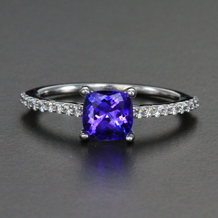 14k White Gold  Square Cushion Tanzanite Ring with Diamond Shank 1.24 Carats