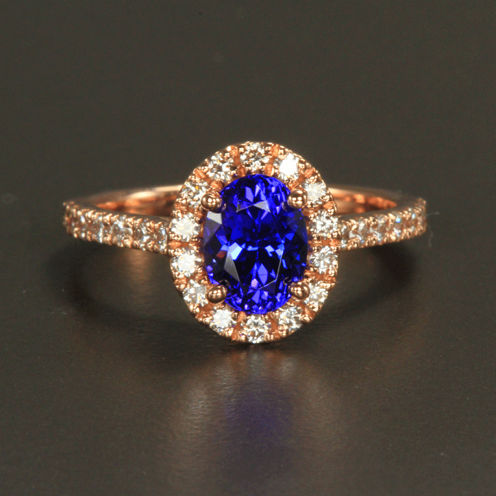  Rose Gold Oval Tanzanite and Diamond Halo Ring 