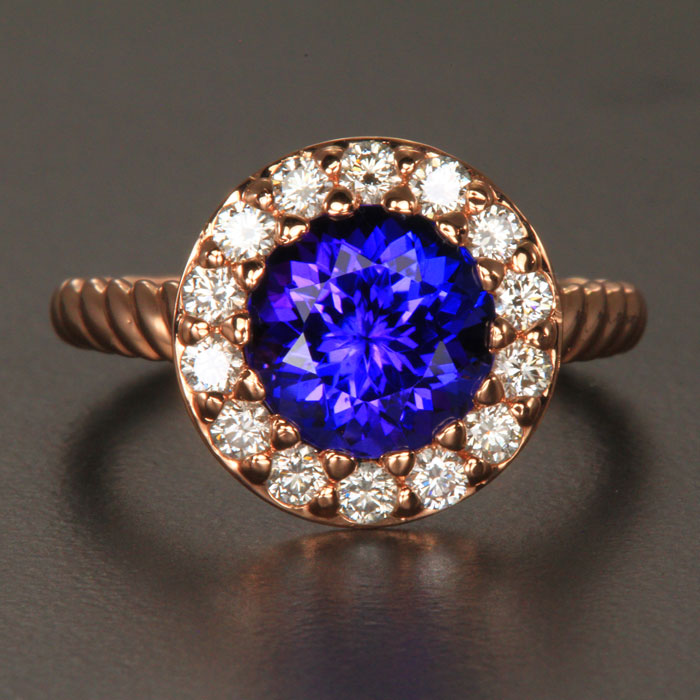 14K Rose Gold Tanzanite and Diamond Halo Ring 3.03 Carats