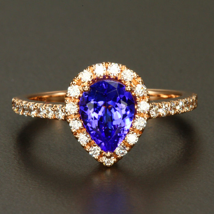 14K Rose Gold Pear Shape Tanzanite with Diamond Halo 1.29 Carats