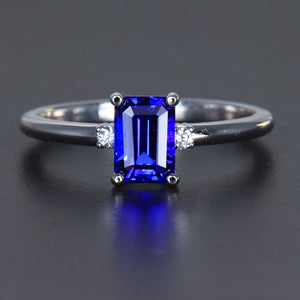 14k White Gold Emerald Cut Tanzanite Ring with Two Side Diamonds 1.26 Carats