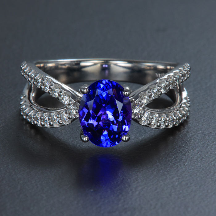 14K White Gold Oval Tanzanite and Double Shank Diamond Ring
