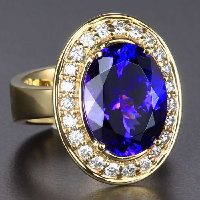 14K Yellow Gold Large Oval Tanzanite and Diamond Halo Ring