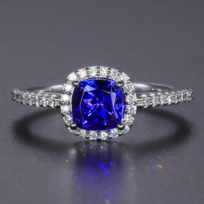 Platinum Square Cushion Tanzanite and Diamond Ring