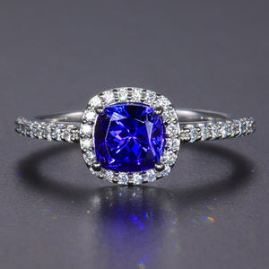 Platinum Square Cushion Tanzanite and Diamond Ring