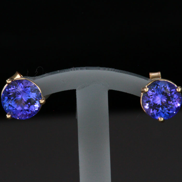 14k Yellow Gold Round Tanzanite Stud Earrings 2.07 Carats
