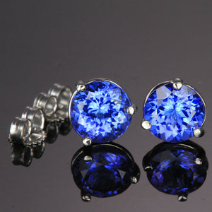 Violet Blue Round Tanzanite Stud Earrings 1.28 Carats 5.6mm
