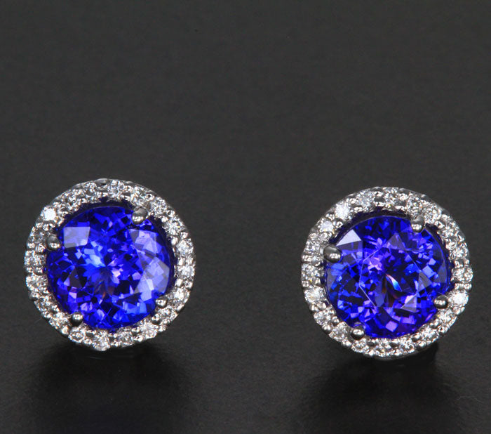 White Gold Round Tanzanite and Diamond Halo Earrings 