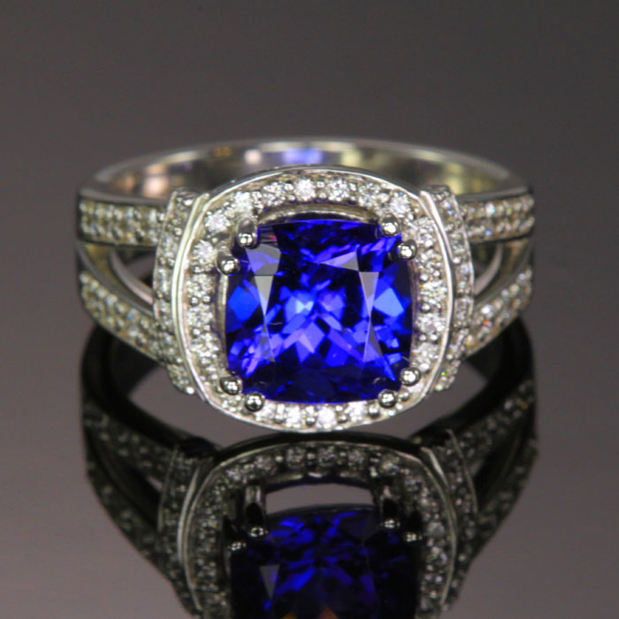 White Gold Square Cushion Tanzanite and Diamond  Ring