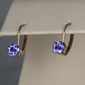 14K Rose Gold Leverback Round Tanzanite Earrings 1.11 Carats