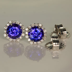 Diamonds around Tanzanite Earrings Studs in 14k white gold