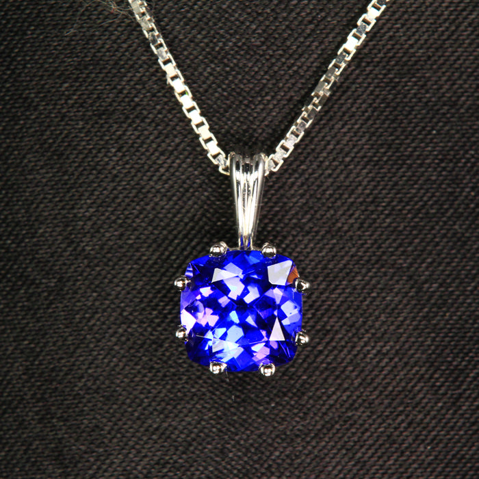 14K White Gold Square Cushion Tanzanite Pendant 1.76 Carats