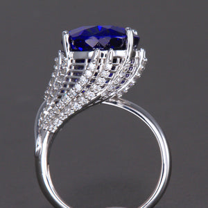 14K White Gold Large Oval Tanzanite and Diamond Ring 15.42 Carats