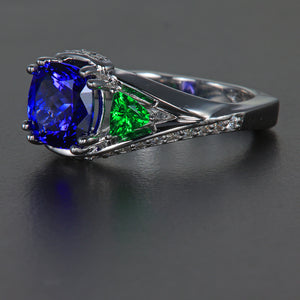 14K White Gold Tanzanite, Tsavorite and Diamond Ring 2.32 Carats