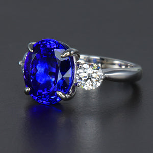 14K White Gold Oval Tananite Ring with side Diamonds 6.51 Carats