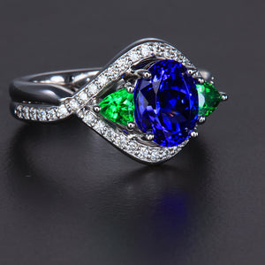 14k White Gold Tanzanite, Tsavorite Garnet and Diamond Ring 2.43 Carats*