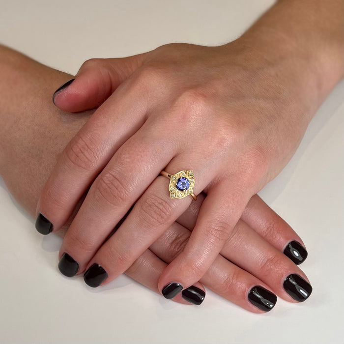 14k Yellow Gold Round Tanzanite and Diamond Ring .93 Carats