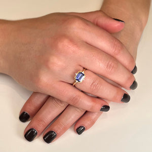 14K Yellow Gold Emerald Cut Tanzanite and Diamond Ring 1.72 Carats