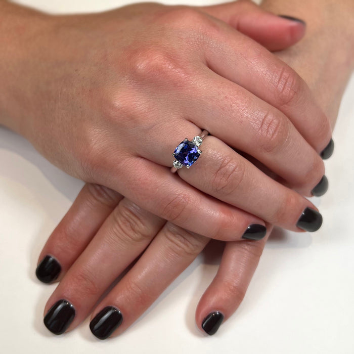 14K White Gold Square Cushion Tanzanite and Diamond Accent Ring 2.94cts