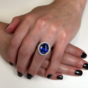 Platinum Large Oval Tanzanite and Diamond Ring 8.22 Carats