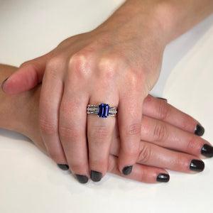 14K White Gold Emerald Cut Tanzanite with Diamonds on Shank Ring 3.10 Carats