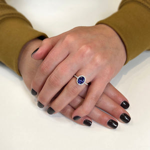 14K White Gold Oval Tanzanite Diamond Halo and Shank Ring 2.15 Carats