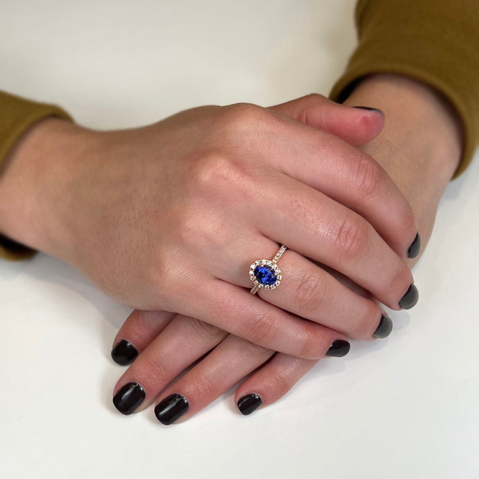 14k Rose Gold Oval Tanzanite and Diamond Halo Ring 1.58 Carats
