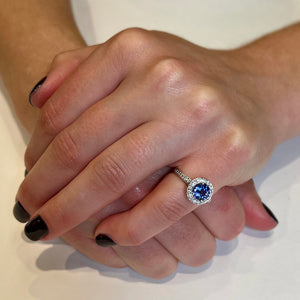 14K White Gold Tanzanite with Diamond Halo Ring 1.14 Carats Designed by Christopher Michael