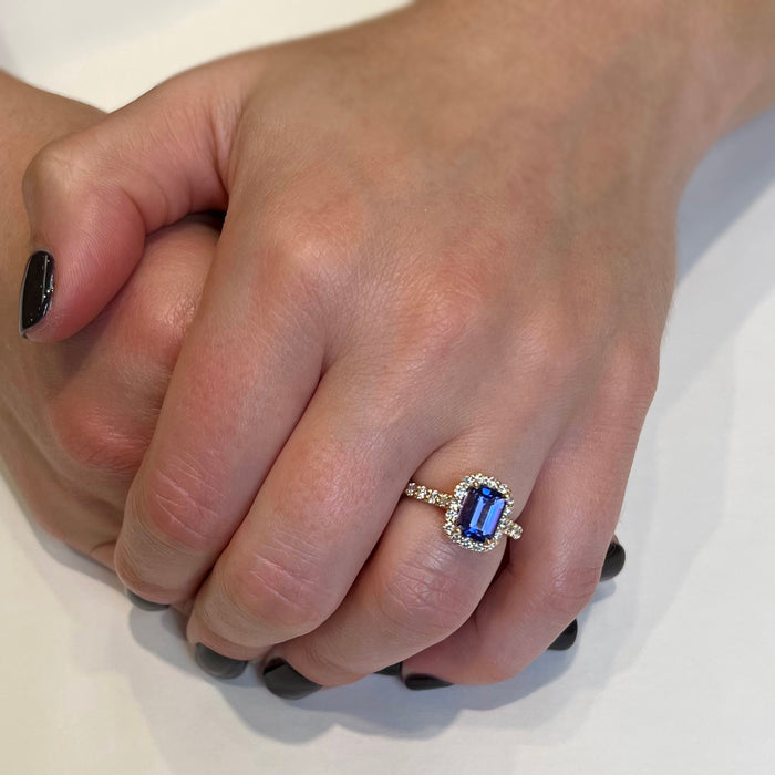 14K Yellow Gold Emerald Cut Tanzanite and Diamond Halo and Shank Ring 1.61 Carats*