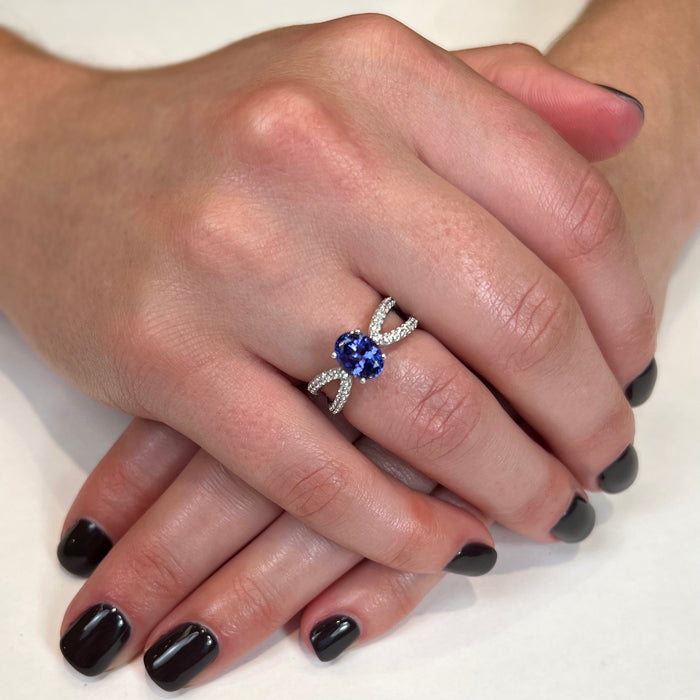 14K White Gold Oval Tanzanite and Double Shank Diamond Ring 1.66 Carats