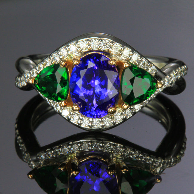 white and rose gold tanzanite and tsavorite ring