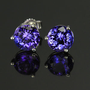 Violet Blue Vivid Round Tanzanite Earrings 3.03 Carats 7mm