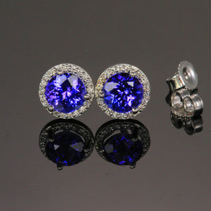 14k White Gold Round Tanzanite Stud Earrings with Halo 1.87 Carats