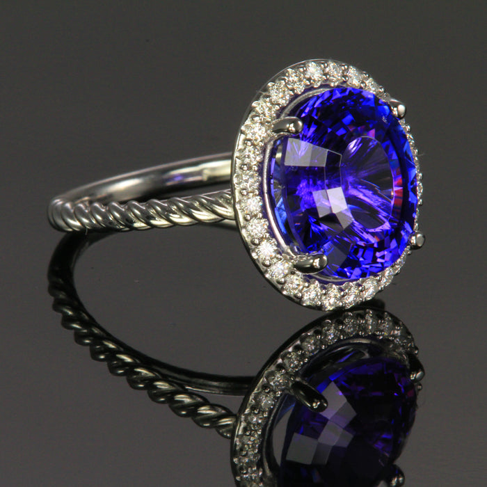 14K White Gold Tanzanite with Diamond Halo Ring 5.25 Carats