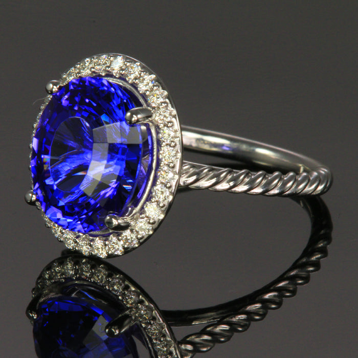 14K White Gold Tanzanite with Diamond Halo Ring 5.25 Carats