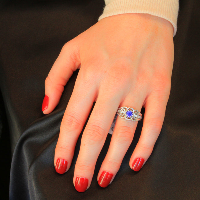 14K White Gold Round Tanzanite and Diamond Ring Christopher Michael Design .85 Carats