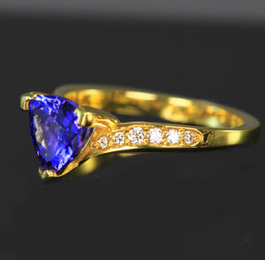 18K Yellow Gold Trillant Tanzanite Ring with Diamonds by Christopher Michael  1.50 Carats
