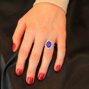 18k White Gold Tanzanite Ring with Halo of Diamonds 4.72 Carats