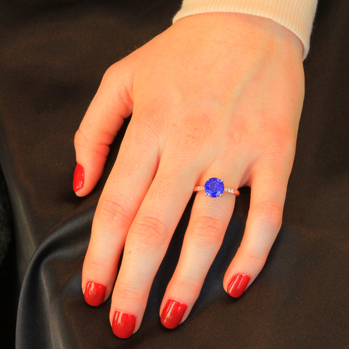14K White & Rose Gold Round Brilliant Cut Tanzanite & Diamond Ring 3.92 Carats