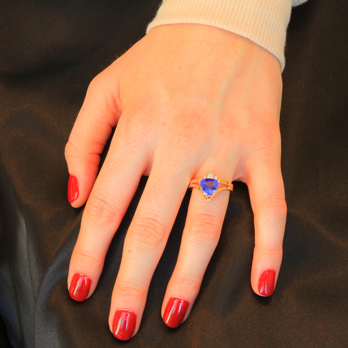 14K Yellow Gold Trilliant Tanzanite and Diamond Ring 2.74 Carats Designed by Christopher Michael