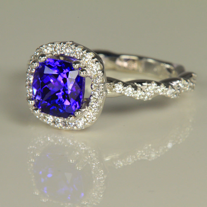 14K White Gold Square Cushion Tanzanite and Diamond Halo Ring 1.82 Carats Designed by Christopher Michael