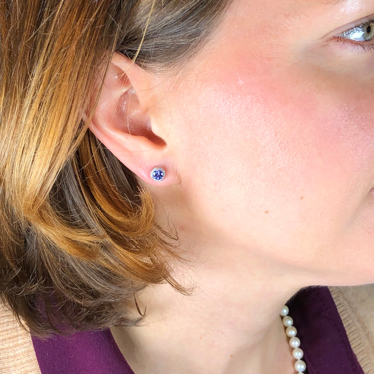 14K White Gold Round Tanzanite and Diamond Halo Stud Earrings .80 Carats 4.5mm