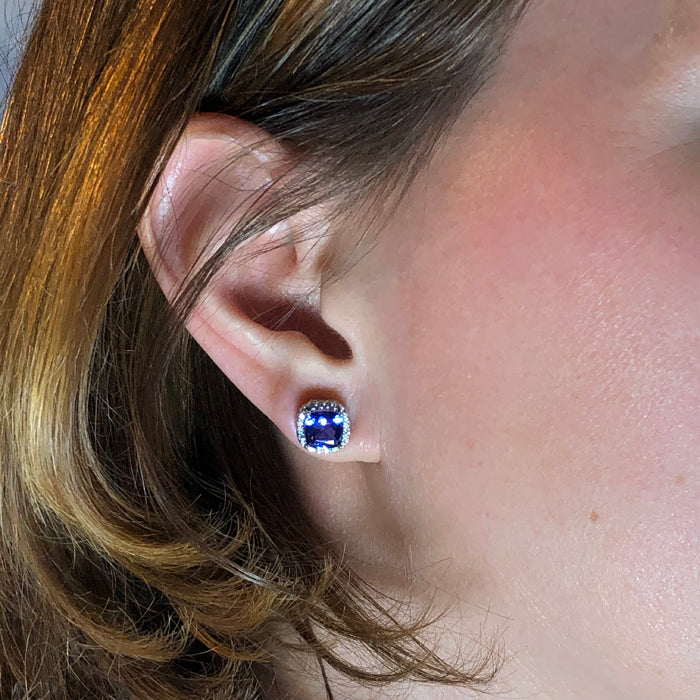 Blue square sparkle halo stud earrings discount