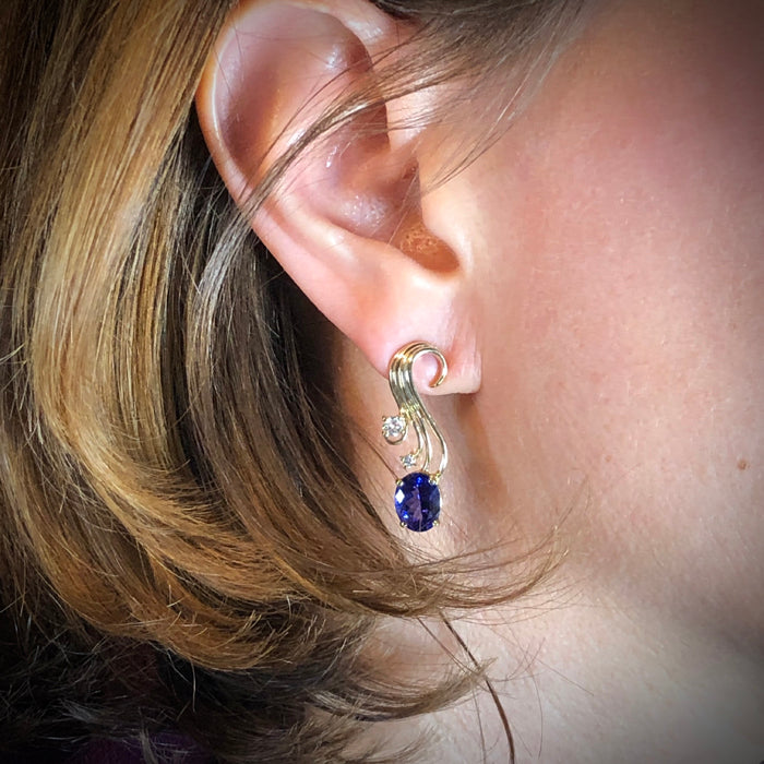 14K Yellow Gold Tanzanite and Diamond Earrings