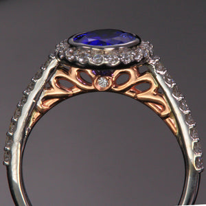 14K White and Rose Gold Oval Tanzanite Ring with Diamond Halo 2.09 Carats