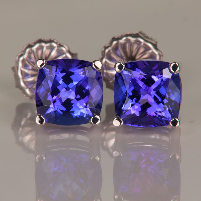 14K White Gold Square Cushion Tanzanite Stud Earrings 3.89cts