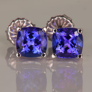 14K White Gold Square Cushion Tanzanite Stud Earrings 3.89cts