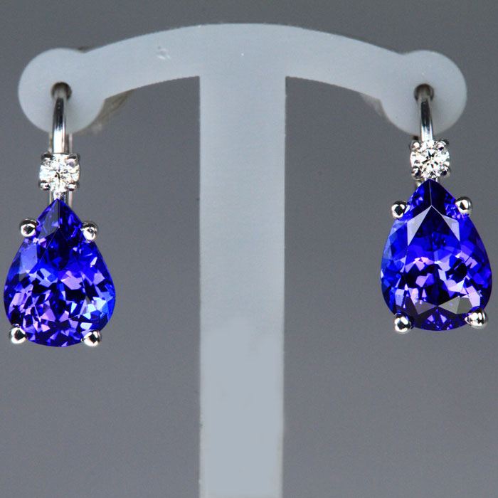 14K White Gold Lever Back Tanzanite and Diamond Earrings 2.61 Carats