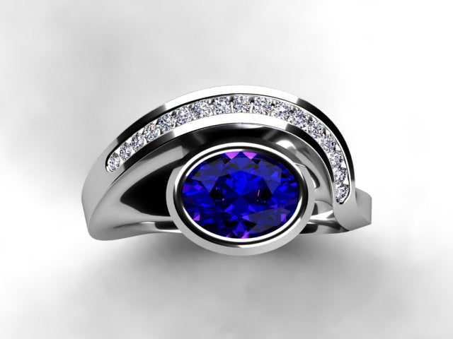 Oval Bluish Violet Vivid Color Tanzanite and Diamond Ring