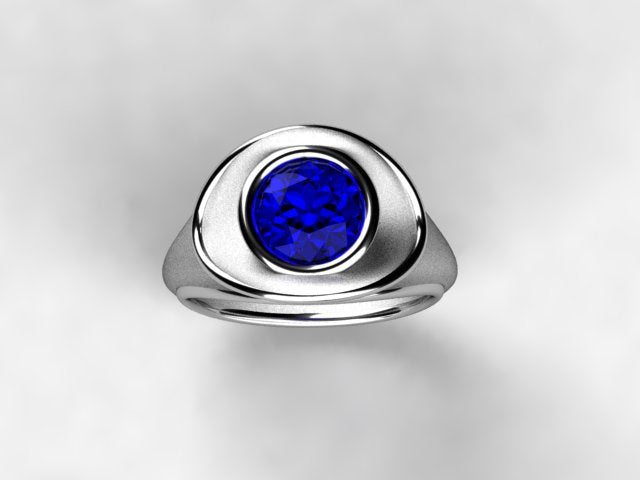 Custom Round 7mm Vivid Color Tanzanite Bezeled in Heavy Mounting